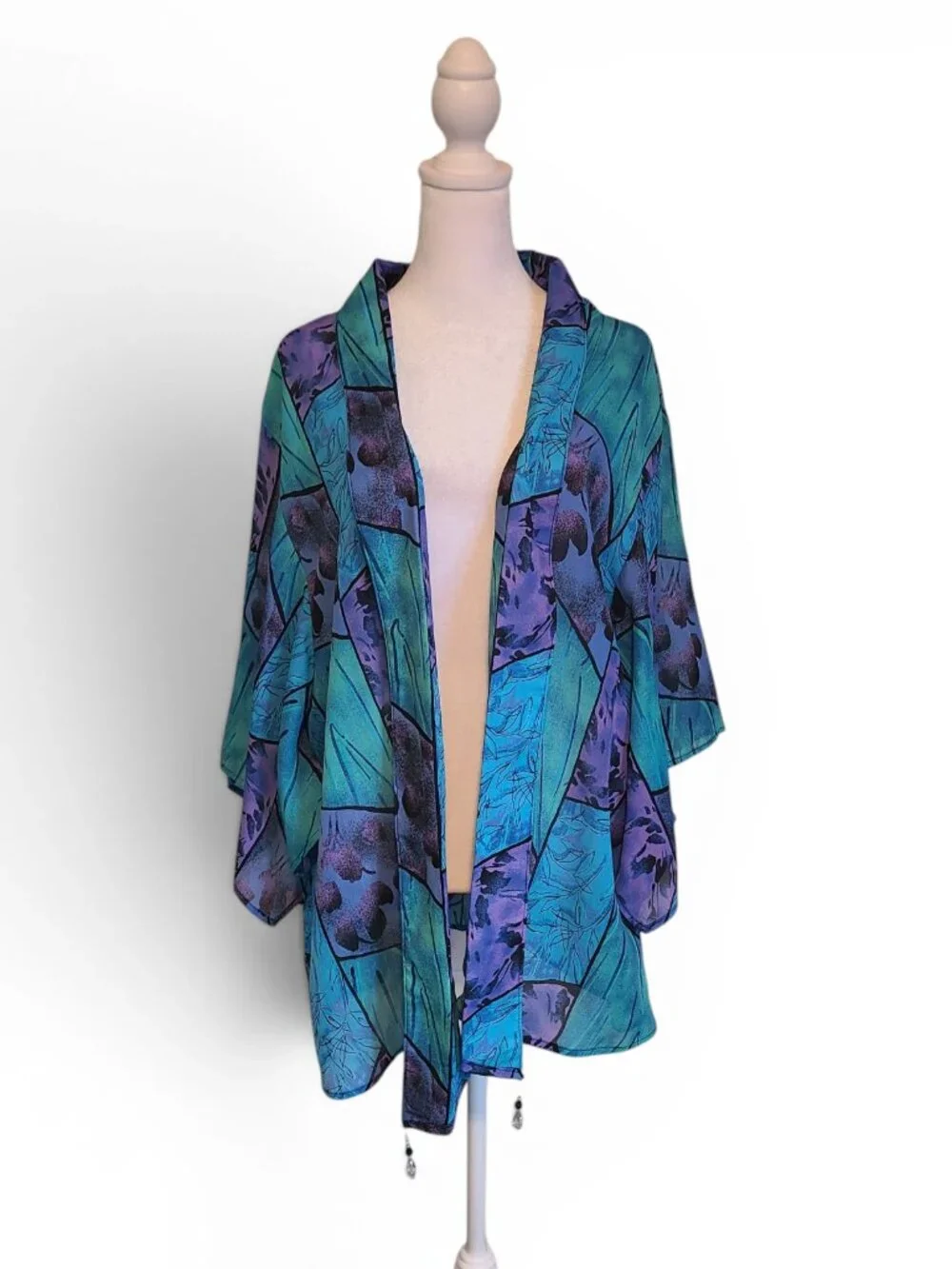 Vintage 90s Purple Teal Sheet Kimono Shawl Wrap Cover Up Whimsical Fairycore